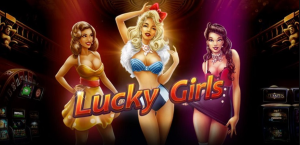 Personagens de Lucky Girls em uma pose glamorosa com símbolos de caça-níqueis ao fundo.